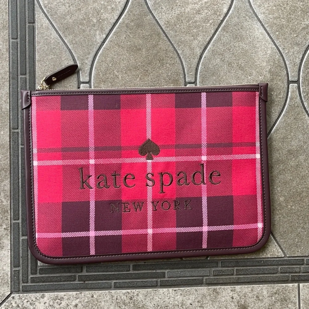 Kate Spade Ella Plaid Bright Rose Large Zip Pouch Clutch